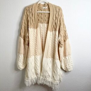 Umgee Plus Size 2XL Colorblock Cable Knit Fringe Cardigan Sweater Tan WA6747